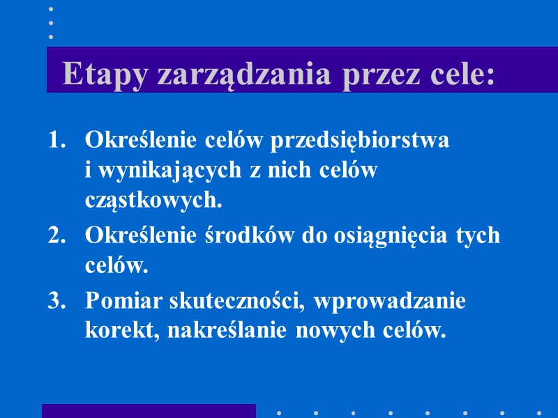 Etapy zarządzania przez cele: Określenie celów przedsiębiorstwa  i wynikających z nich celów cząstkowych.